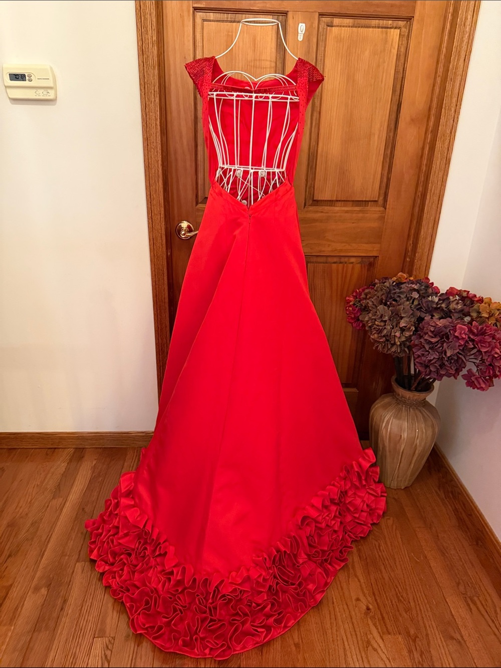 Rachel Allan Red High-Low Evening Gown with Ruffle Train - Picture 9 of 16